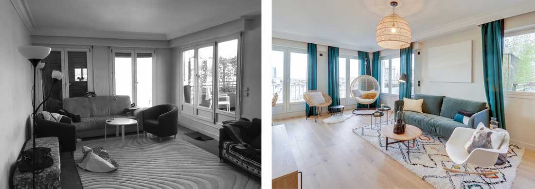 Avant - après : Aménagement du salon d'un appartement des années 60 par un architecte d'intérieur à Biarritz
