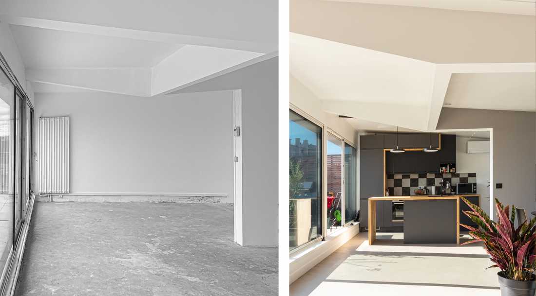 Avant-Après : Aménagement d'une cuisine ouverte dans un duplex par un architecte à Biarritz